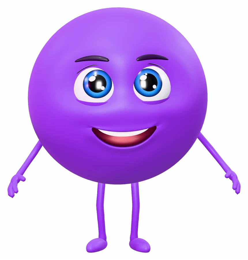 Myster, a purple ball with big blue eyes, standing and looking at you